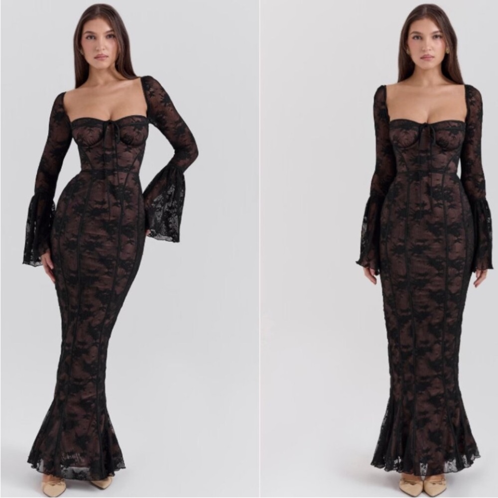 House of CB XS D-DD‎ 'Delilah' Black Long Sleeve Lace Maxi Dress NWOT